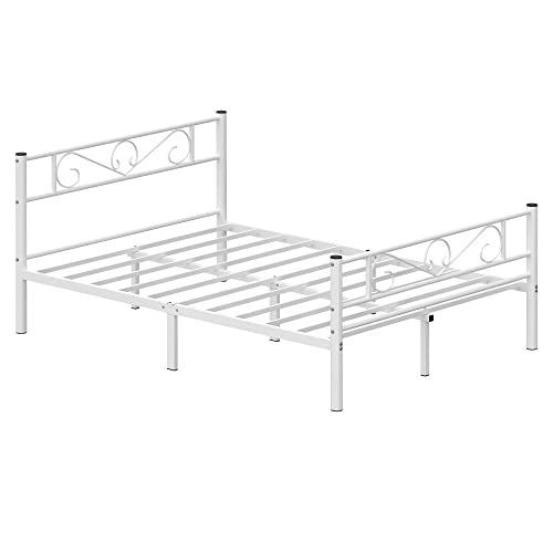 Vasagle RMB063W01 dobbeltseng ramme metal seng ramme passer til 140 x 190 cm madras, gæsteseng, voksne, børn, let samling, små rum, hvide