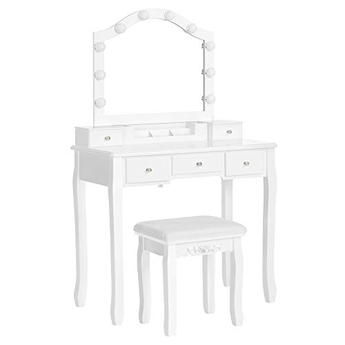 Vasagle Dressing Table -sæt, omklædningsbord, polstret afføring, 10 pærer, hvid