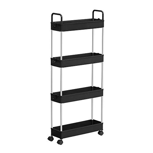 Songmics Storage Trolley, Slim Trolley, 4-lags køkkenopbevaringsvogn, smal gap badeværelse vogn med hjul og håndtag, 40 x 13 x 93 cm, sort KSC018B01