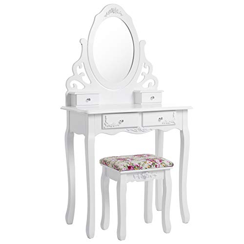 Songmics Princess Dressing Table Stool Set og 360 graders drejelig spejl makeup desk 4 skuffer forfængelighed møbler let at samle soveværelse hvid RDT