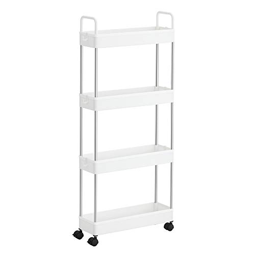 Songmics Storage Trolley, Slim Trolley, 4-lags køkkenopbevaringsvogn, smal gap badeværelse vogn med hjul og håndtag, 40 x 13 x 93 cm, hvid KSC018W01