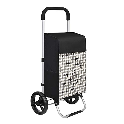 Songmics Shopping Trolley på hjul, indkøbsvogn, belastningskapacitet 40L, med lommer, stille hjul, kroge, 47 x 33 x 97 cm, houndstooth mønster, sort K