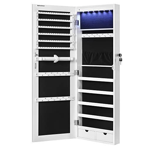 Songmics rammeløse spejlede smykkeskab Armoire, 6 LEDS -smykkearrangør væg hængende eller dørmonteret, stor kapacitet med 2 skuffer, hvid JJC99WT