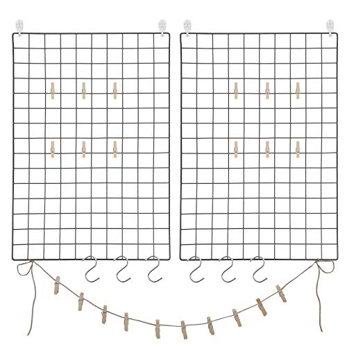 Songmics Grid -paneler, sæt med 2, fotovægskærm, metal mesh vægindretning, multifunktionel hængende billedvæg, DIY, kunstdisplay, s krog, klip, hamp l