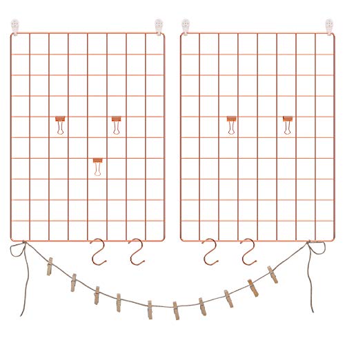 Songmics Grid Panels, Photo Wall Display, Metal Mesh Wall Decor, DIY, Hanging Picture Wall, S Hook, Clip, Hamp Cord, Sæt med 2, Rose Gold LPP01DR