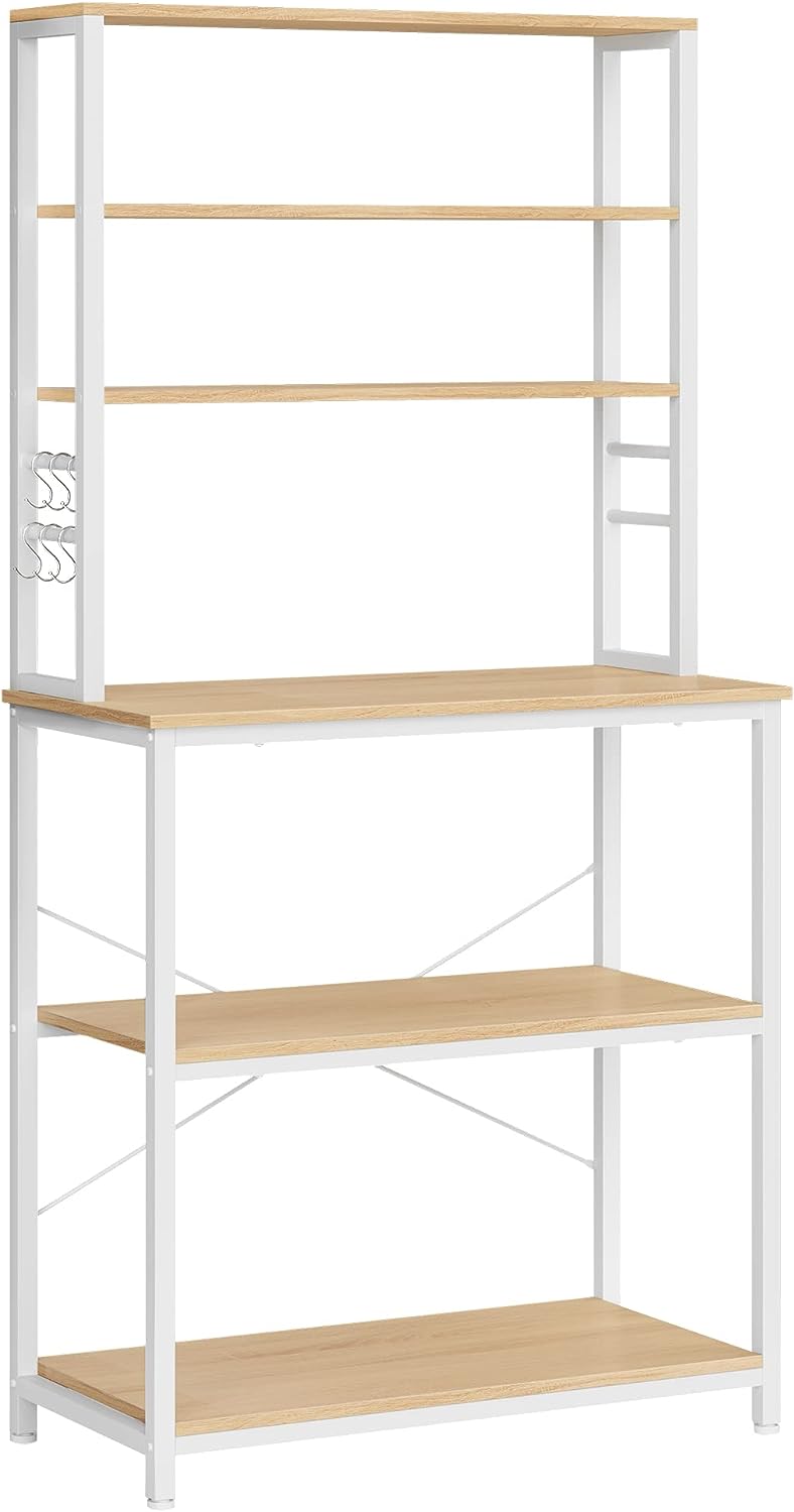 Vasagle køkkenhylde stativ rack mikrobølgehylde stativ 6 lag 6 hylder og 6 kroge mikrobølgeovn ramme industriel design 40 x 80 x 167 cm eg hvid KKS019